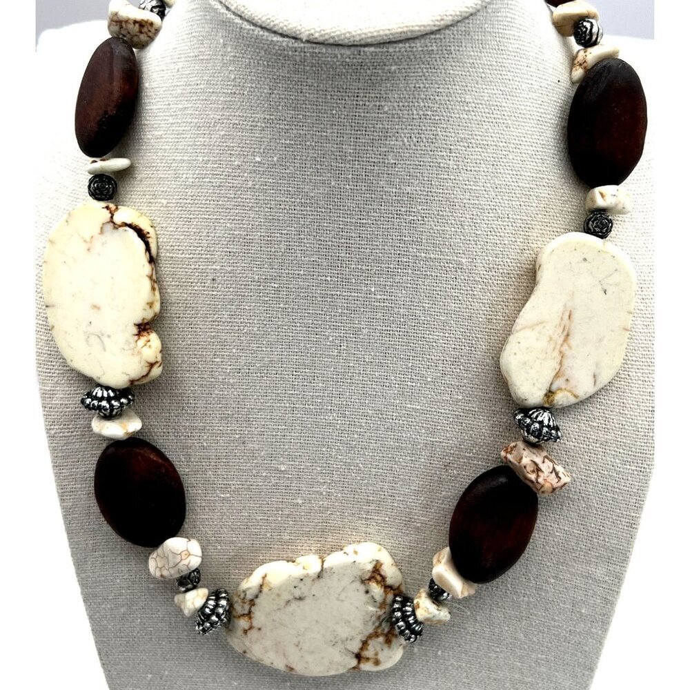 Chunky Boho Necklace With Howlite & Wooden Beads Adjustable Chain Closure